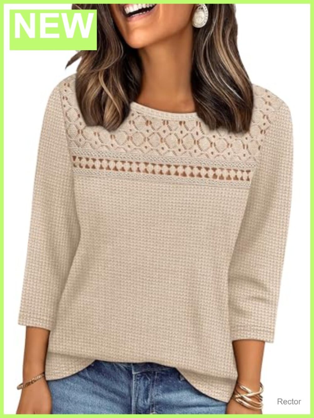 Womens 3/4 Sleeve Waffle Knit Blouse Lace Detail Casual Top